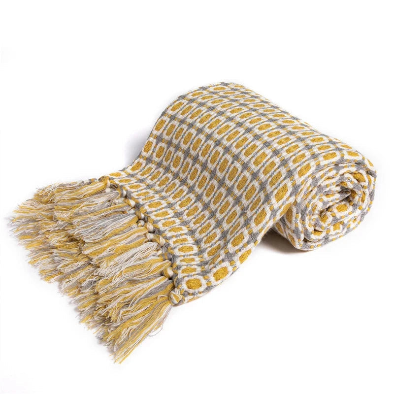 Chic Knit Throw Blanket with Geometric Design and Tassels