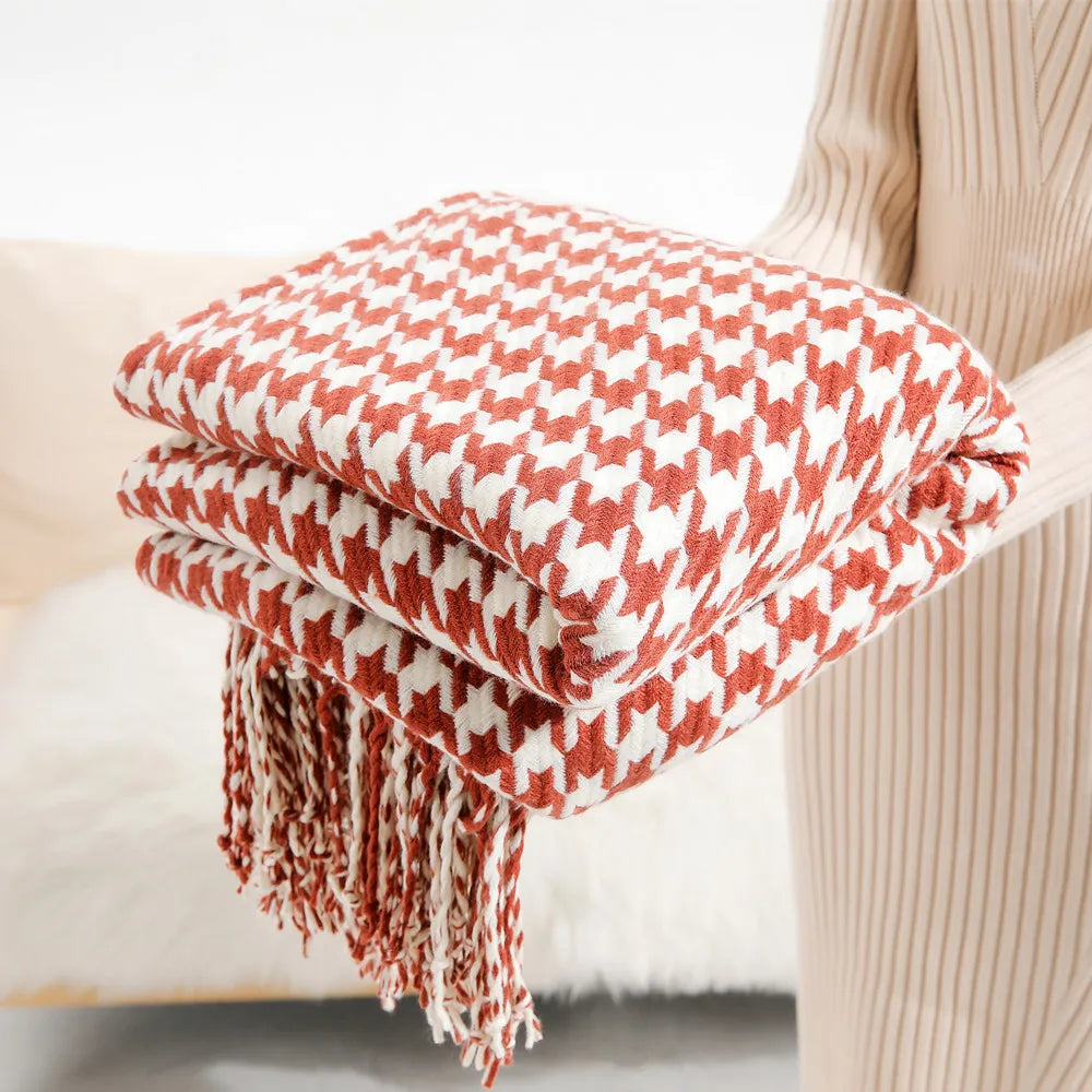 Chic Knit Throw Blanket with Geometric Design and Tassels