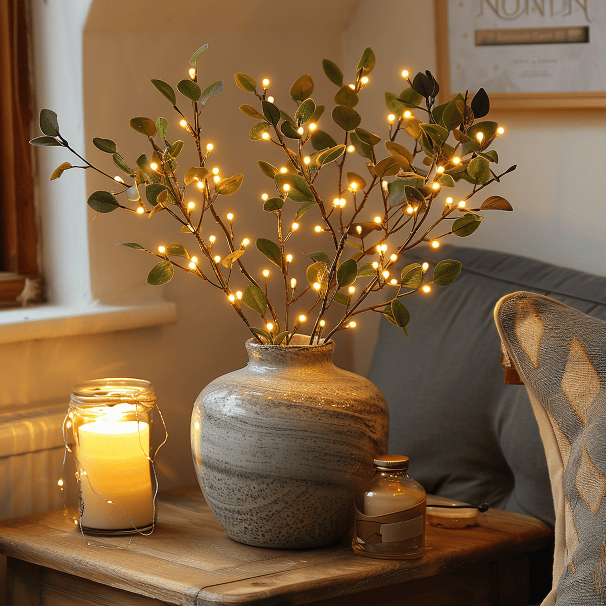 LED-Illuminated Artificial Olive Branch - Decorative Light Accent