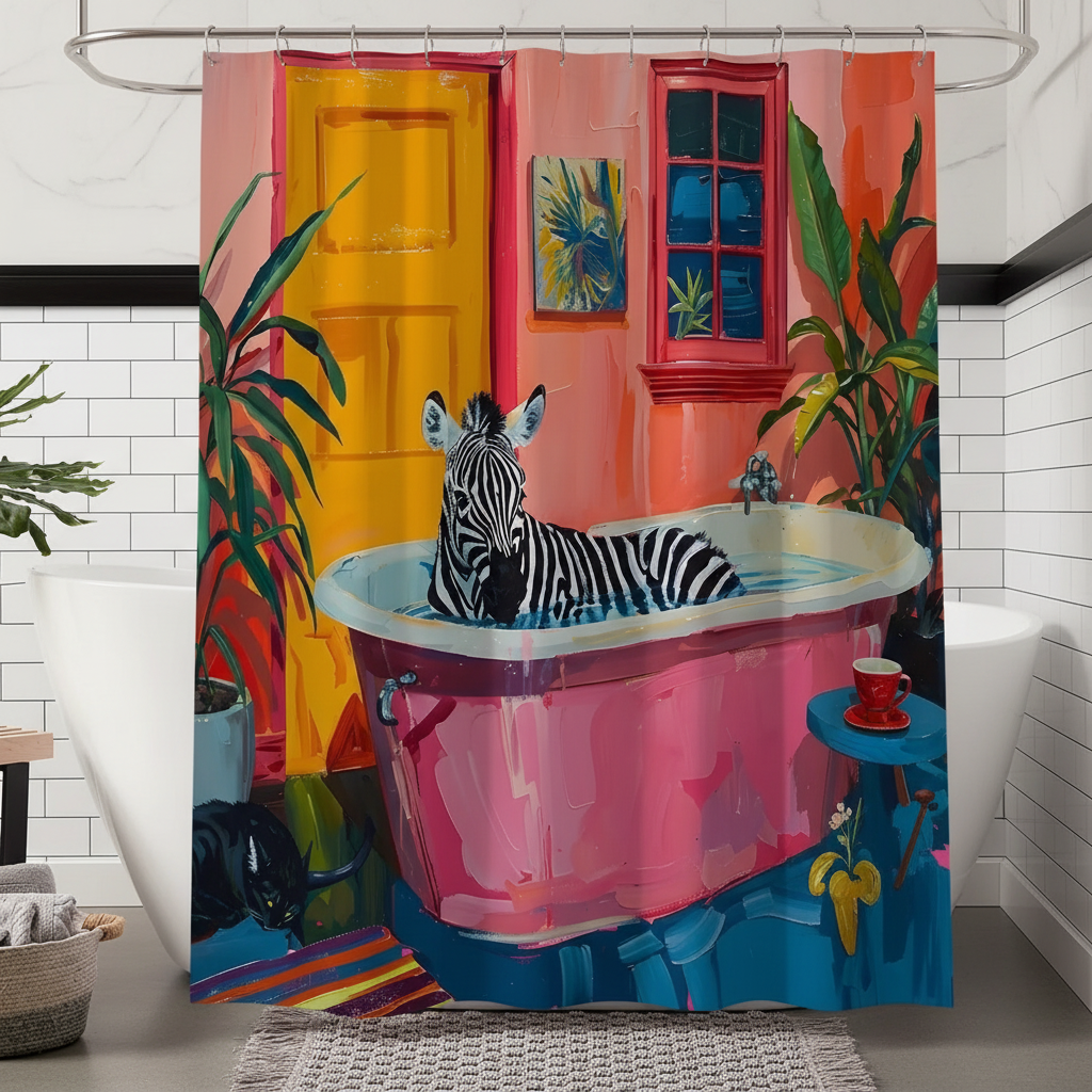 Zebra Print Polyester Shower Curtain - Artistic Design