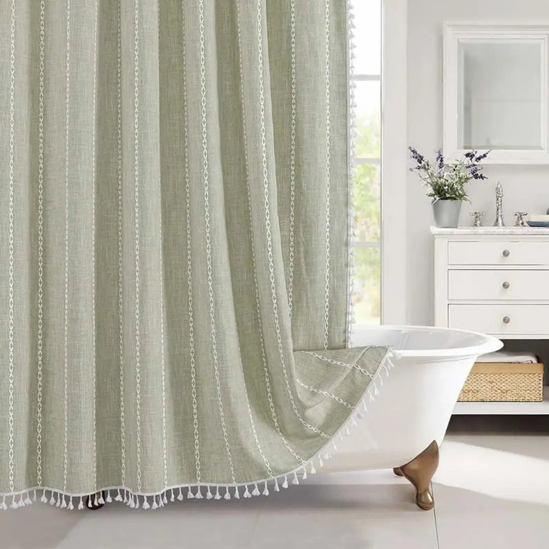 LuxeLoom | Elegant Waterproof Linen Shower Curtain with Tassels