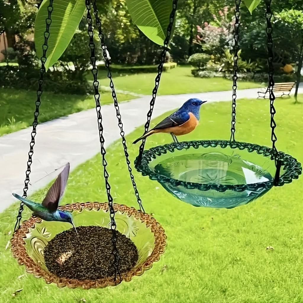 Charming Double Bowl Hanging Feeder for Outdoor Birds