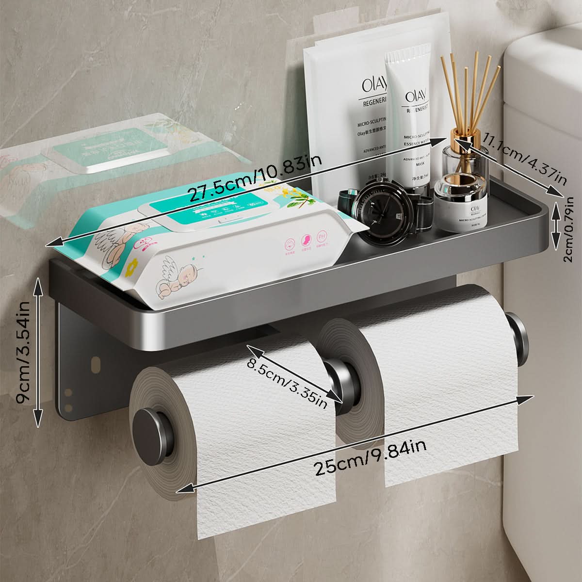 Wall-Mounted Aluminum Toilet Paper Holder with Hidden Drawer