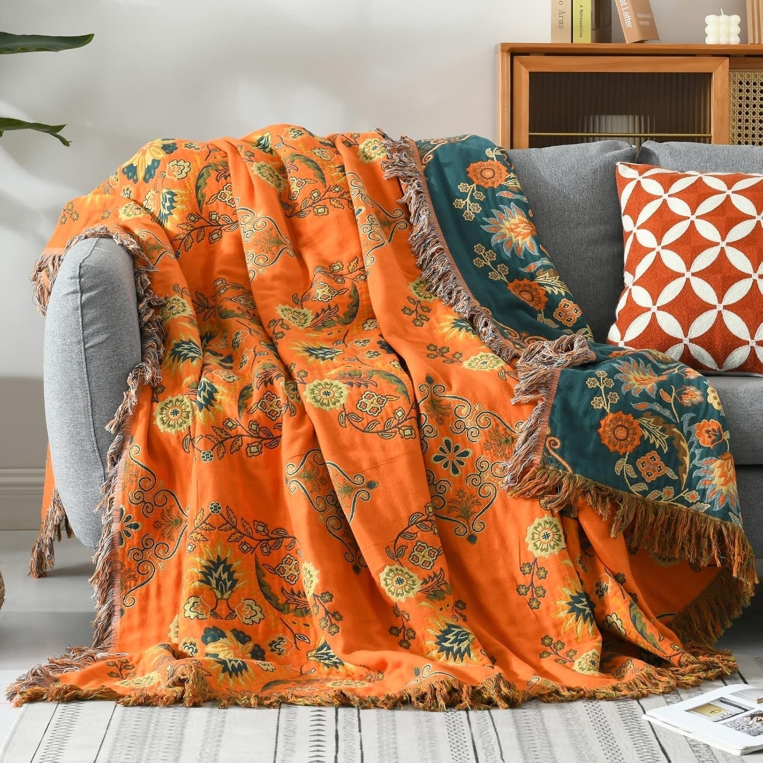 Vintage Floral Reversible Throw Blanket in Orange and Teal