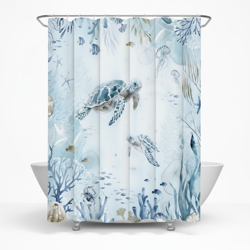 Coastal Decor Shower Curtain with Sea Life Theme - Turtle Design