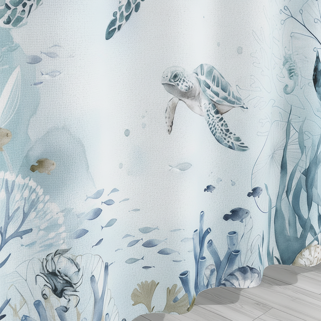 Coastal Decor Shower Curtain with Sea Life Theme - Turtle Design