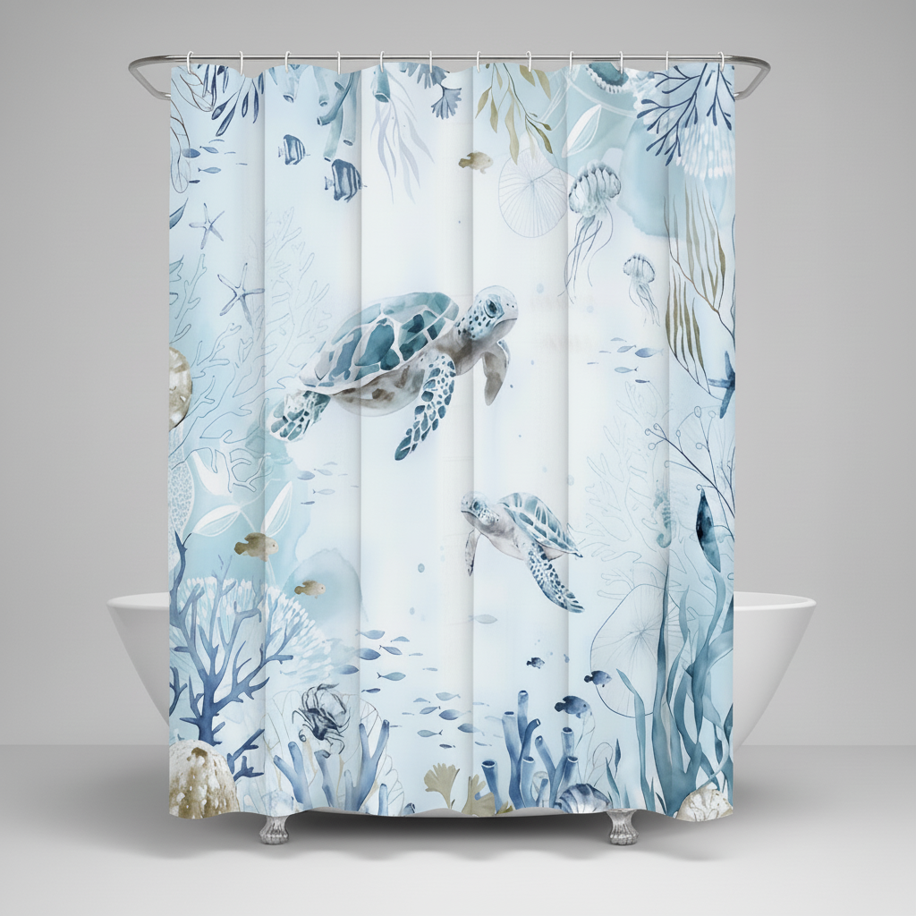 Coastal Decor Shower Curtain with Sea Life Theme - Turtle Design