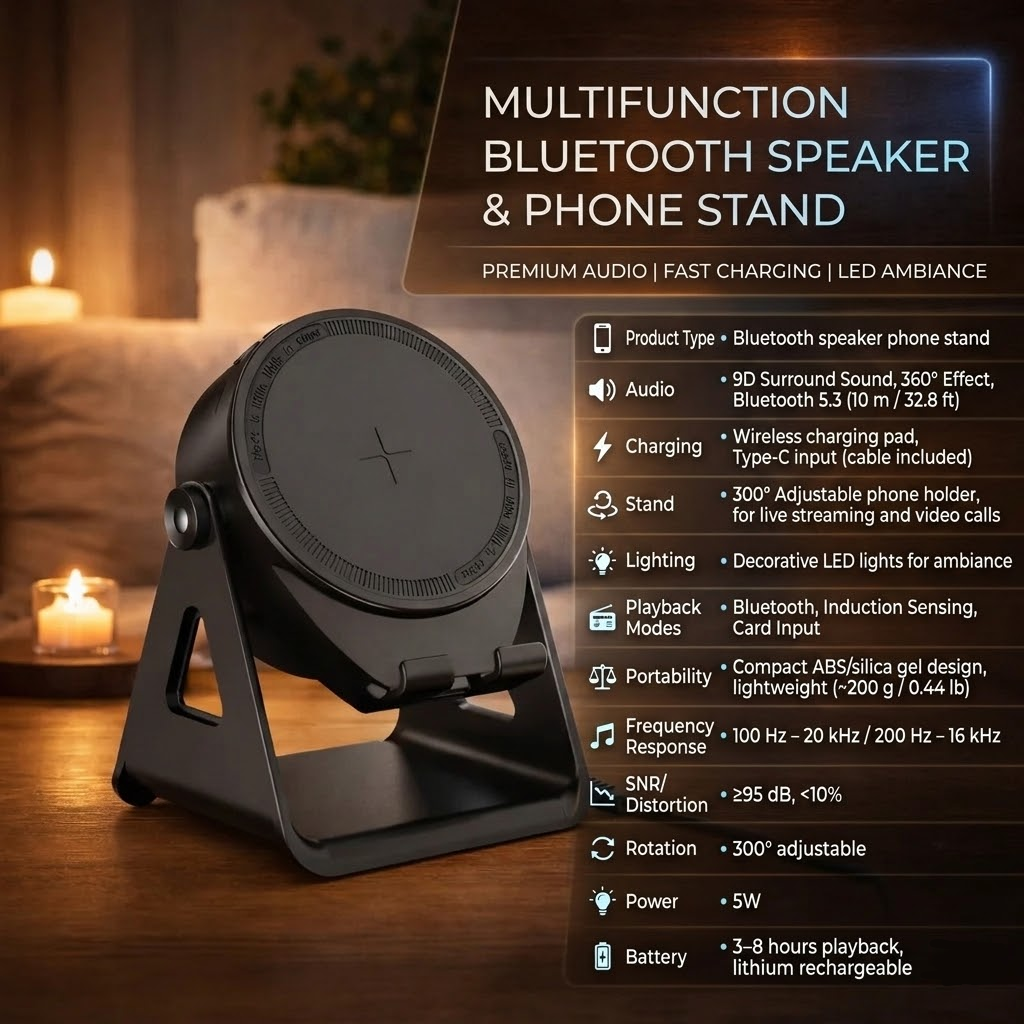 All-in-One Bluetooth Speaker with Wireless Charging & LED Lights