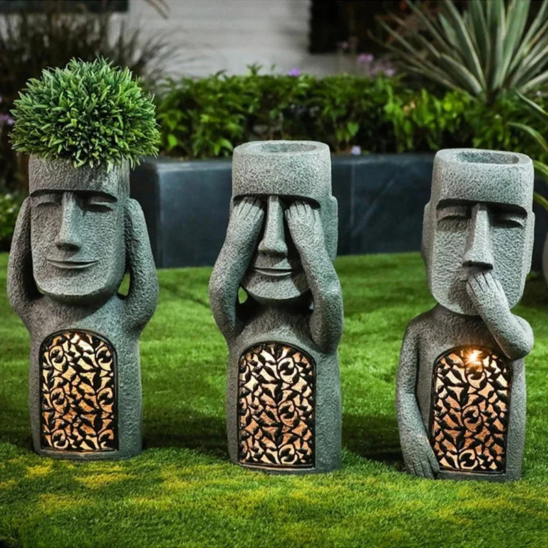 Moai Figure for Potted Plants with LED Illumination - Easter Island Design
