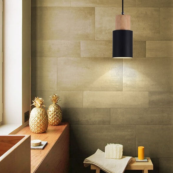 Scandinavian Elegance | Adjustable Cylinder Pendant Light with Wood Accents