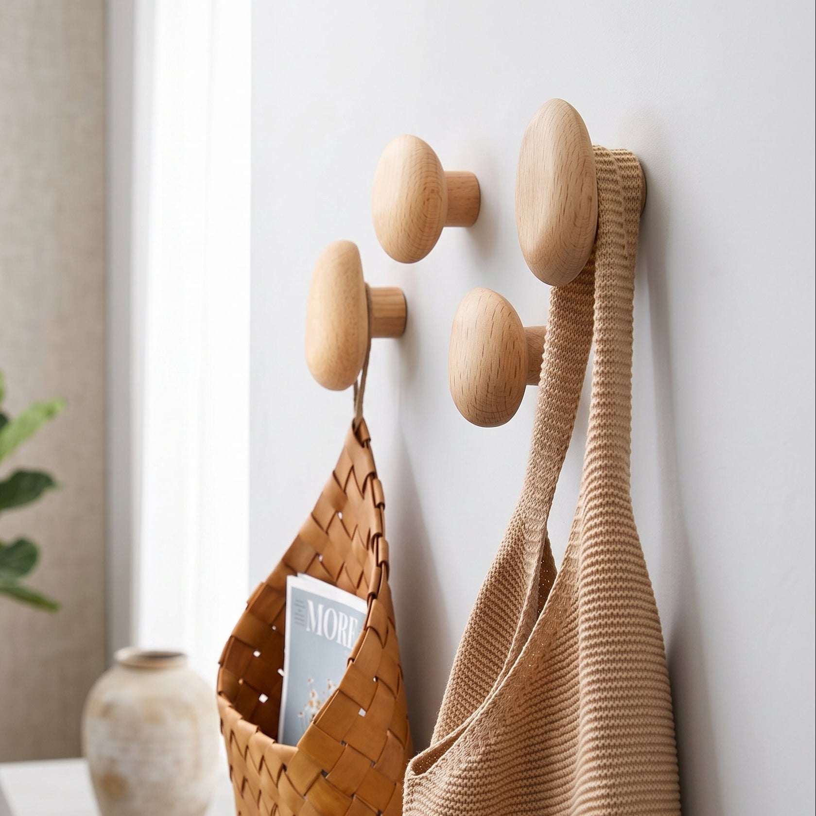 Artisan Wooden Pebble Hooks - Set of 4 for Stylish Storage