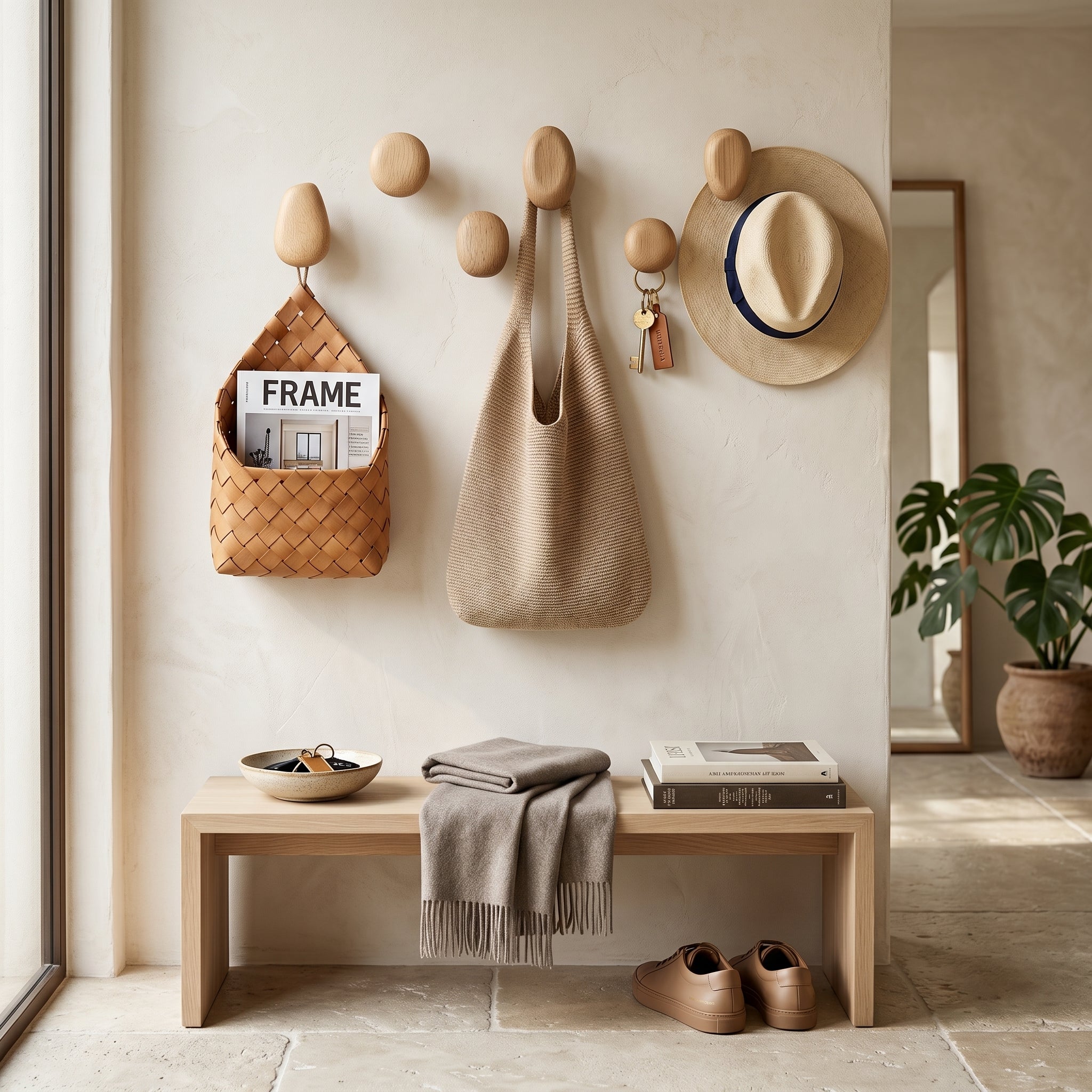 Artisan Wooden Pebble Hooks - Set of 4 for Stylish Storage