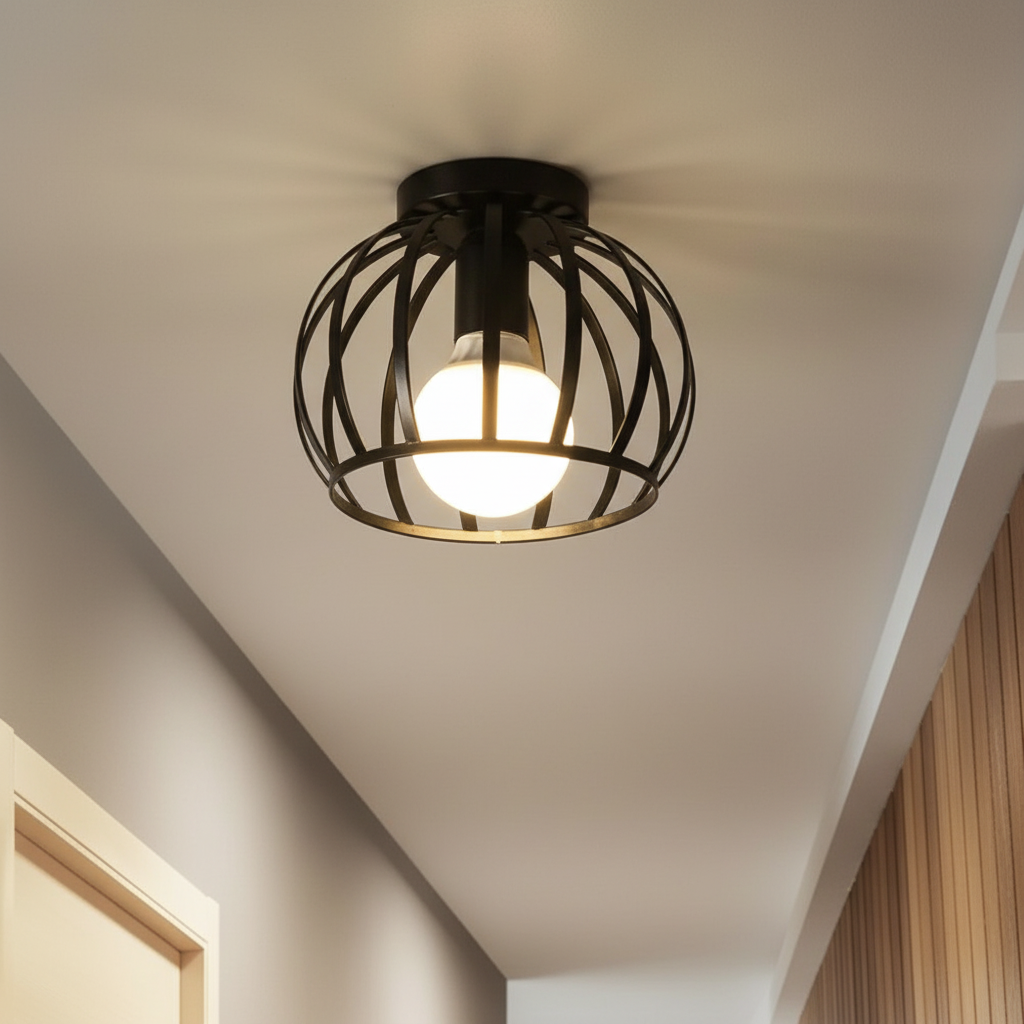 Round Iron Pendant Light with Open Basket Design