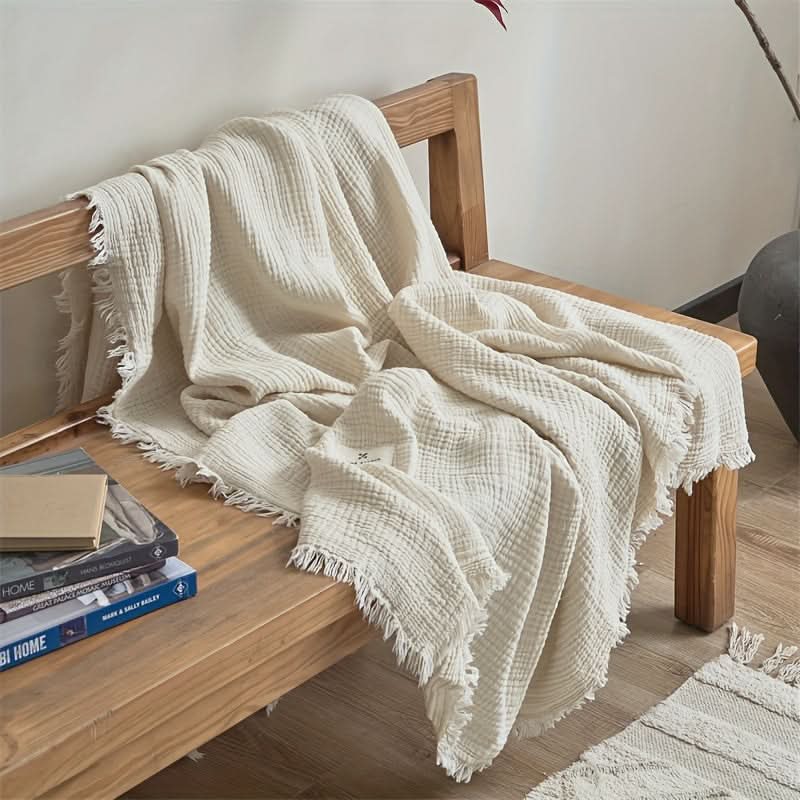 BreezyNest - Lightweight 4-Layer Cotton Throw with Elegant Trim