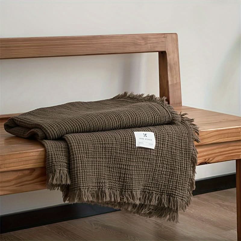 BreezyNest - Lightweight 4-Layer Cotton Throw with Elegant Trim