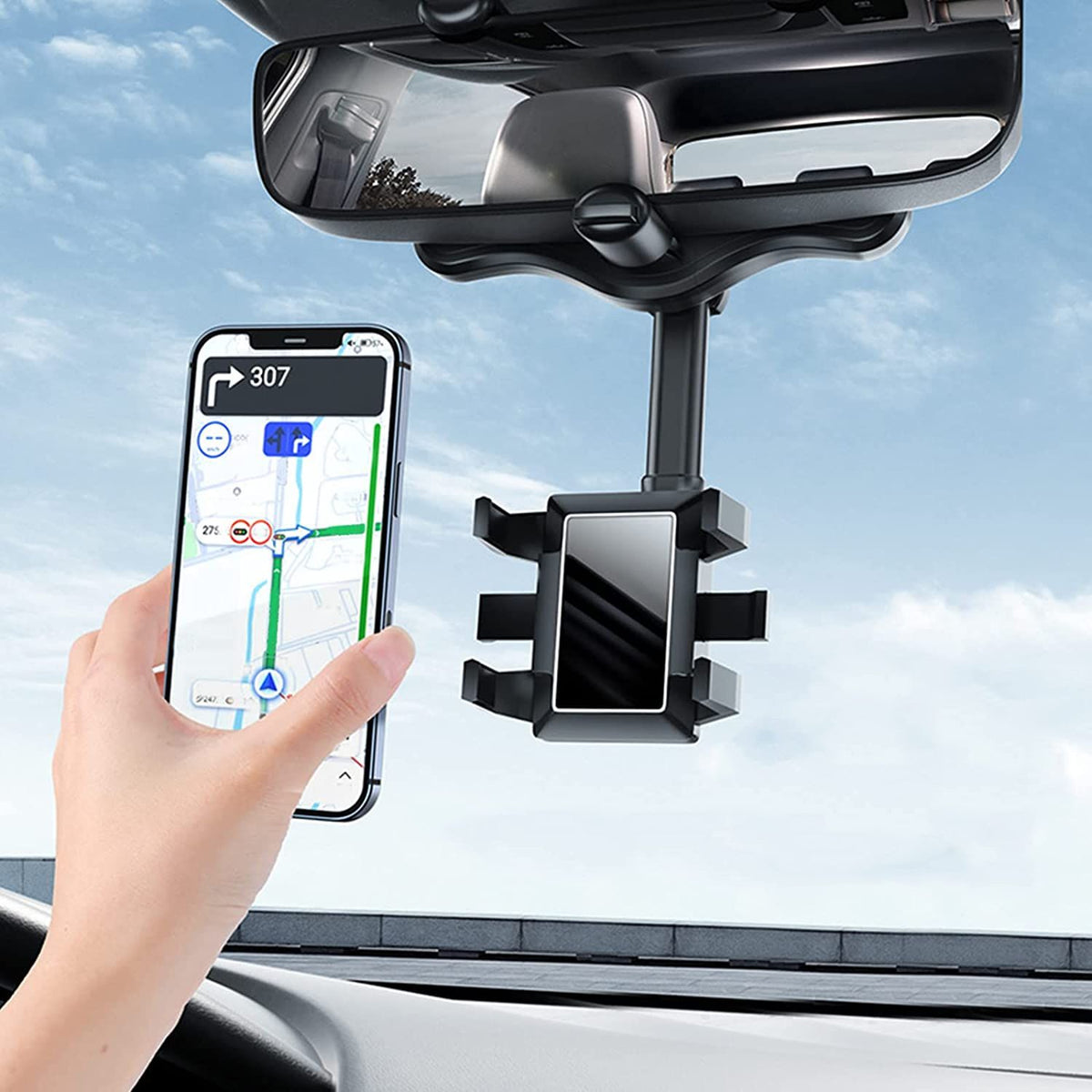 Smart Mirror Phone Mount for Safe Driving