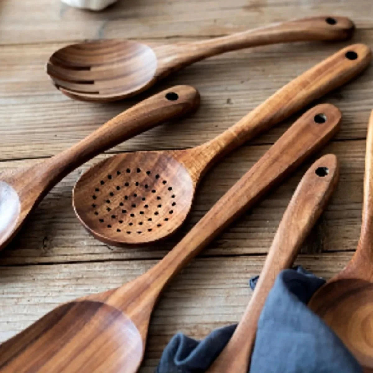 Artisan Wooden Kitchen Utensil Collection with Stand