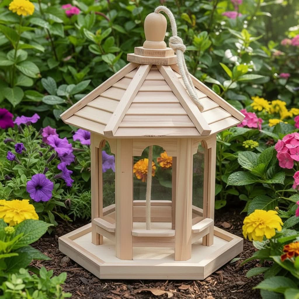 Nature's Haven - Elegant Wooden Bird Feeder with Water Feature