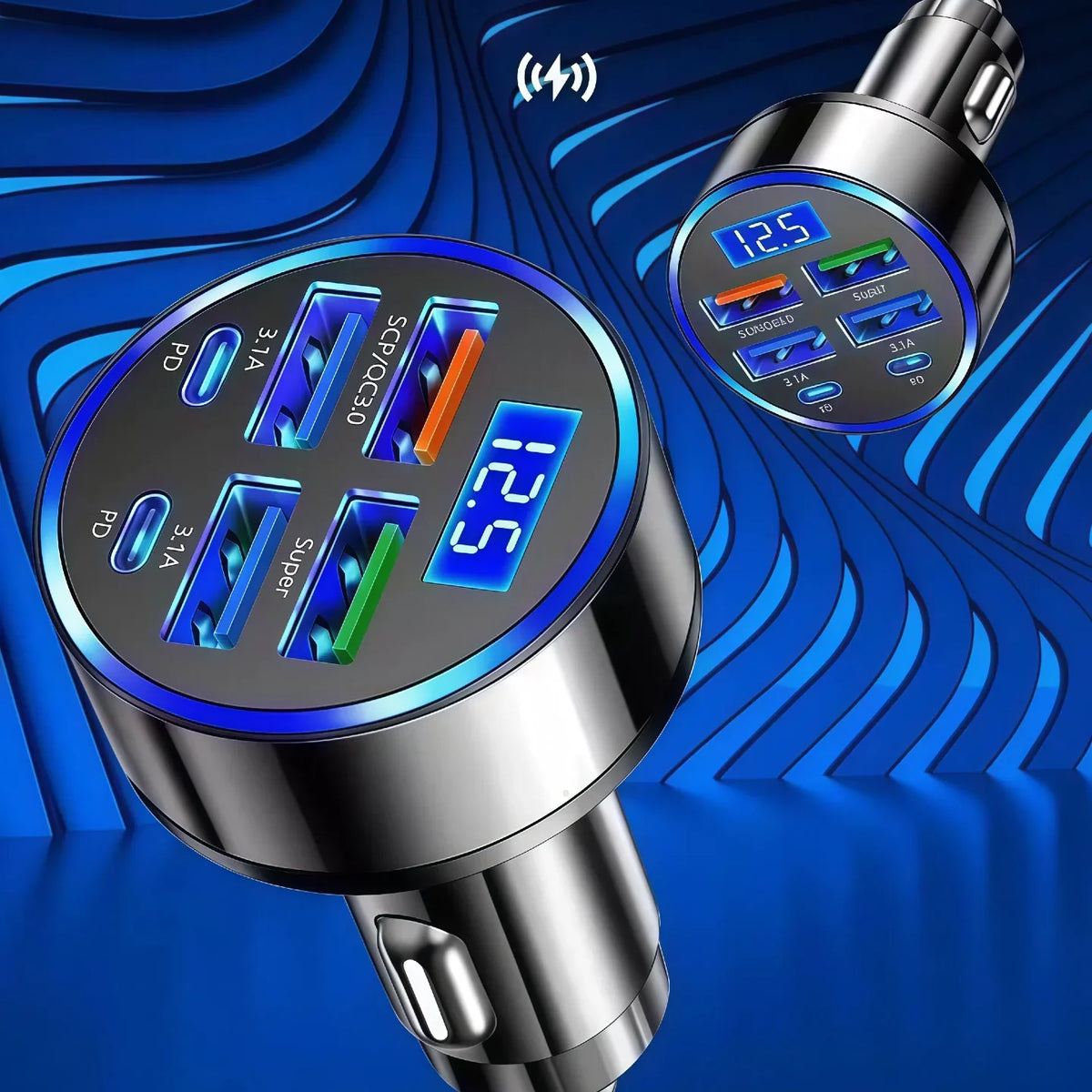 Versatile 6-Port Fast Car Charger with Digital Display