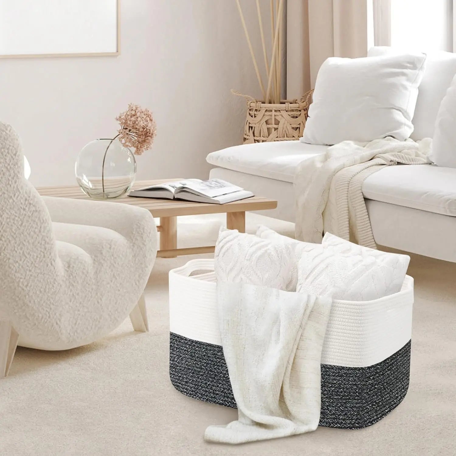 Oversized Woven Cotton Rope Storage Basket for Toys and Blankets