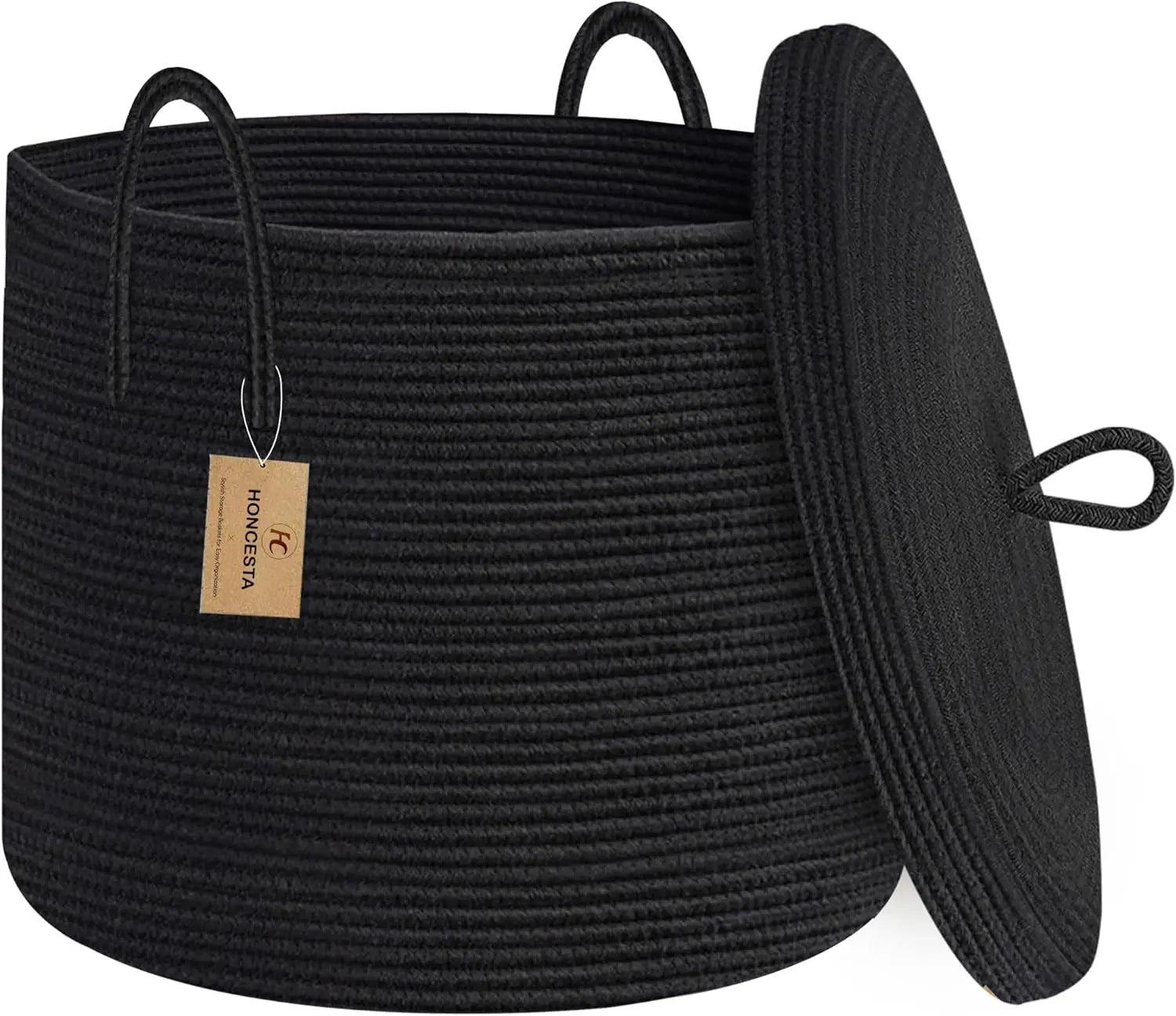 Oversized Black Cotton Rope Basket with Lid for Storage