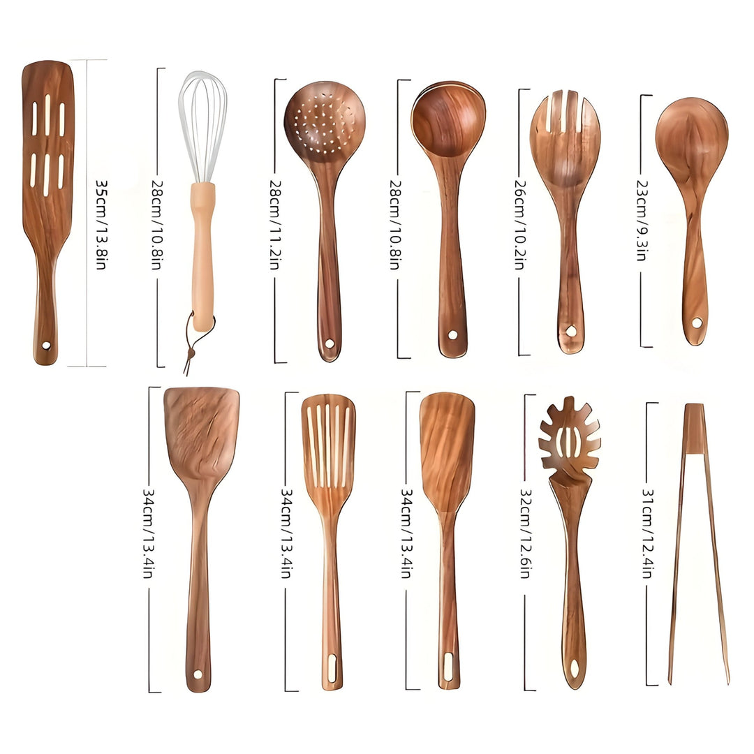 Essential Wooden Cooking Utensils – 11-Piece Set with Whisk & Holder