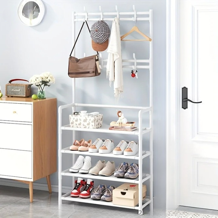 Multi-Tier Steel Frame Coat Rack with Shoe Storage Shelf