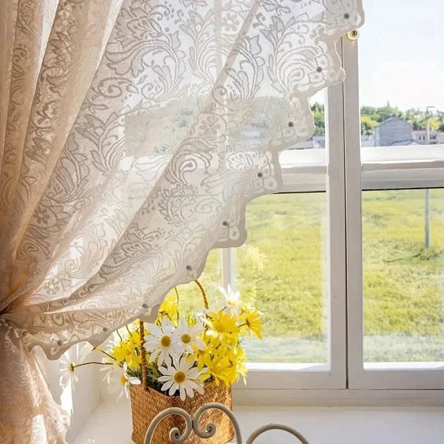 Chic French-Inspired Lace Curtain with Beaded Detail