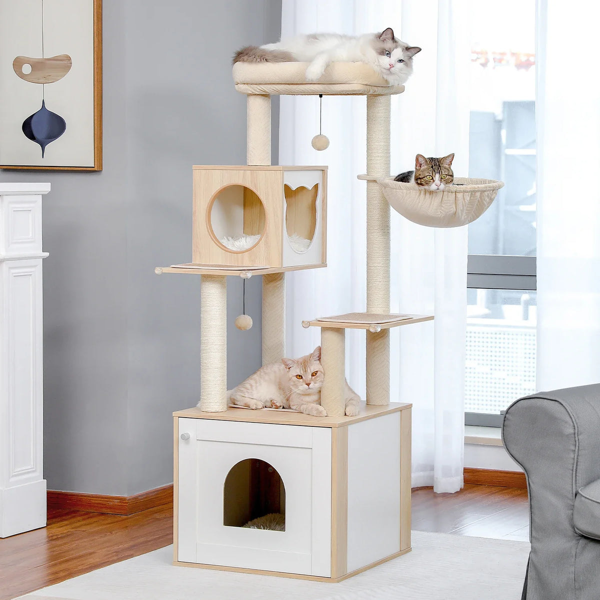 PurrNest 5-Tier Cat Haven | Multi-Level Wooden Cat Retreat with Scratch Posts & Comfortable Lounging Areas