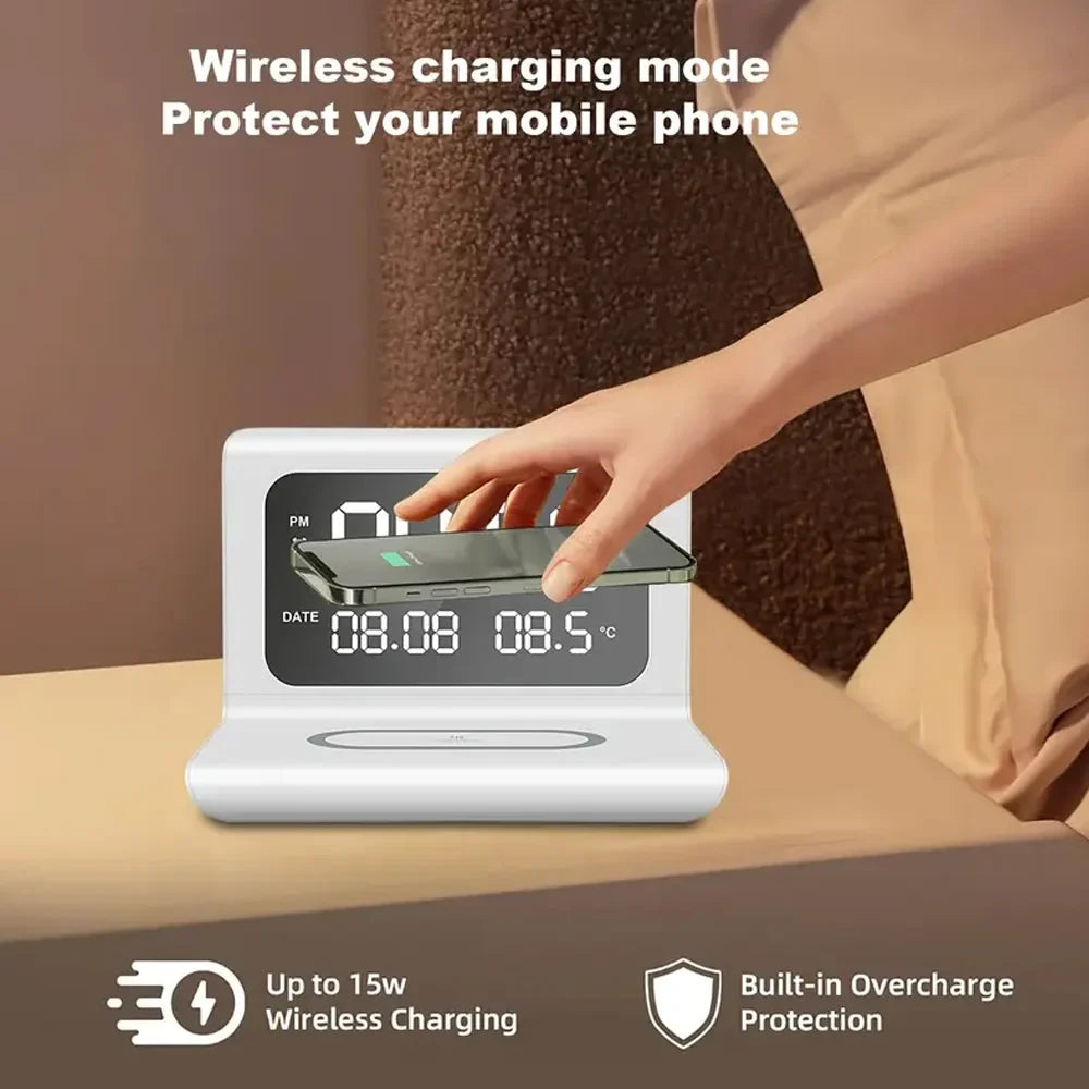 SmartCharge 30W Wireless Charging Station with Clock & Temp Display