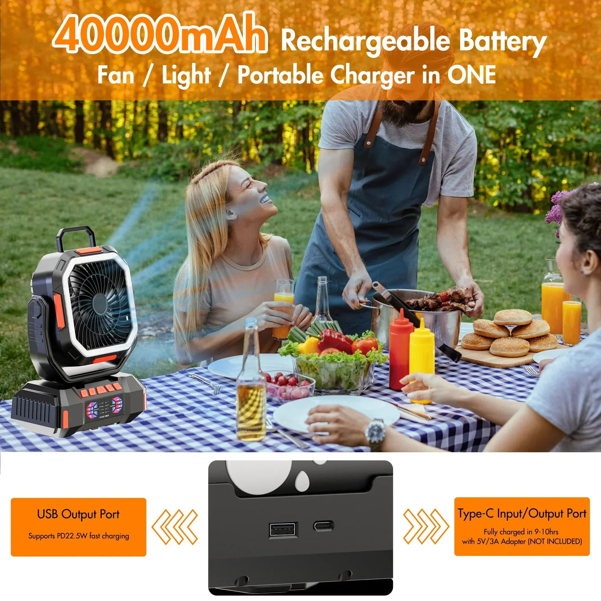 Portable Camping Fan with 40000mAh Battery and LED Light