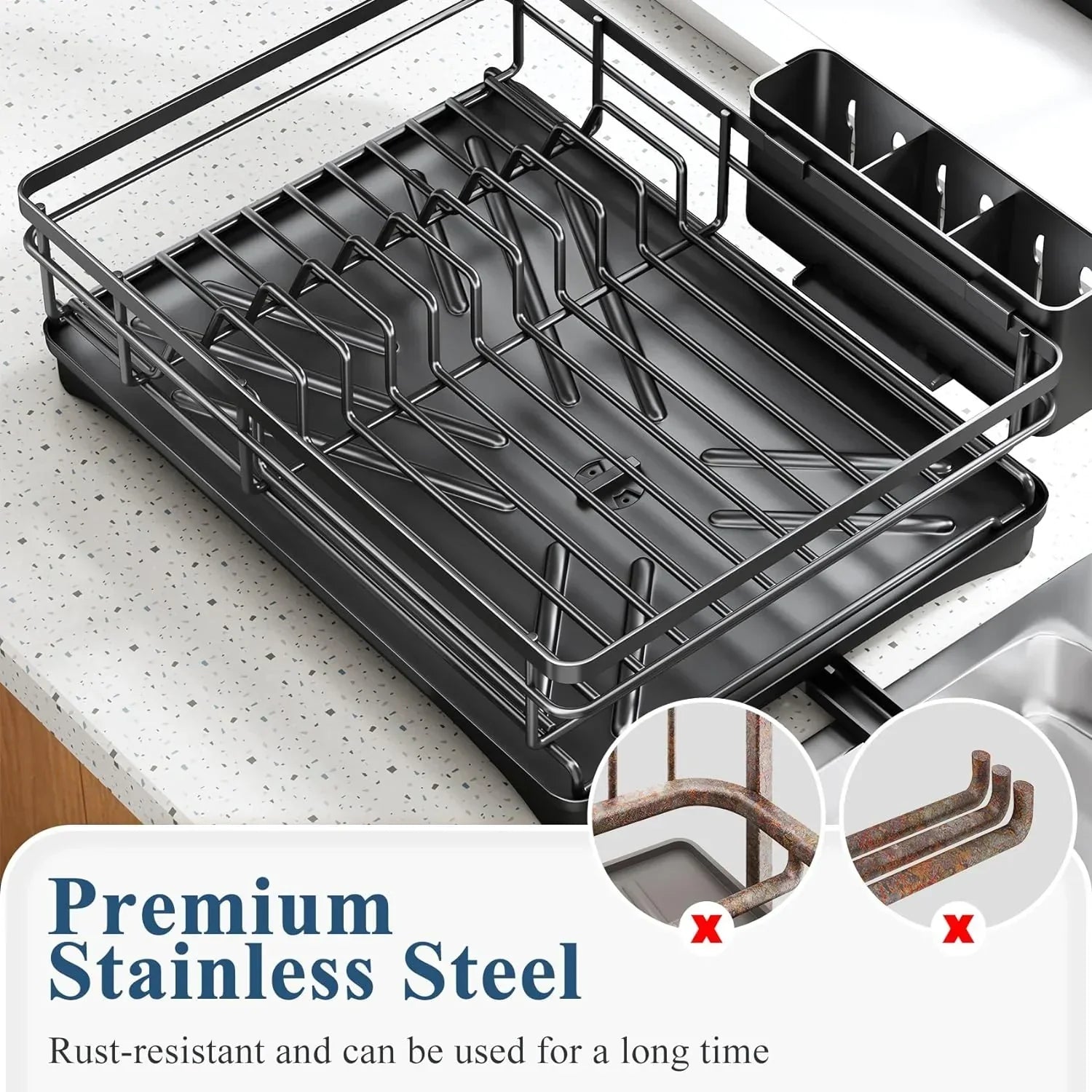 Kitchen Dish Rack with Drain Tray and Spacious Utensil Holder