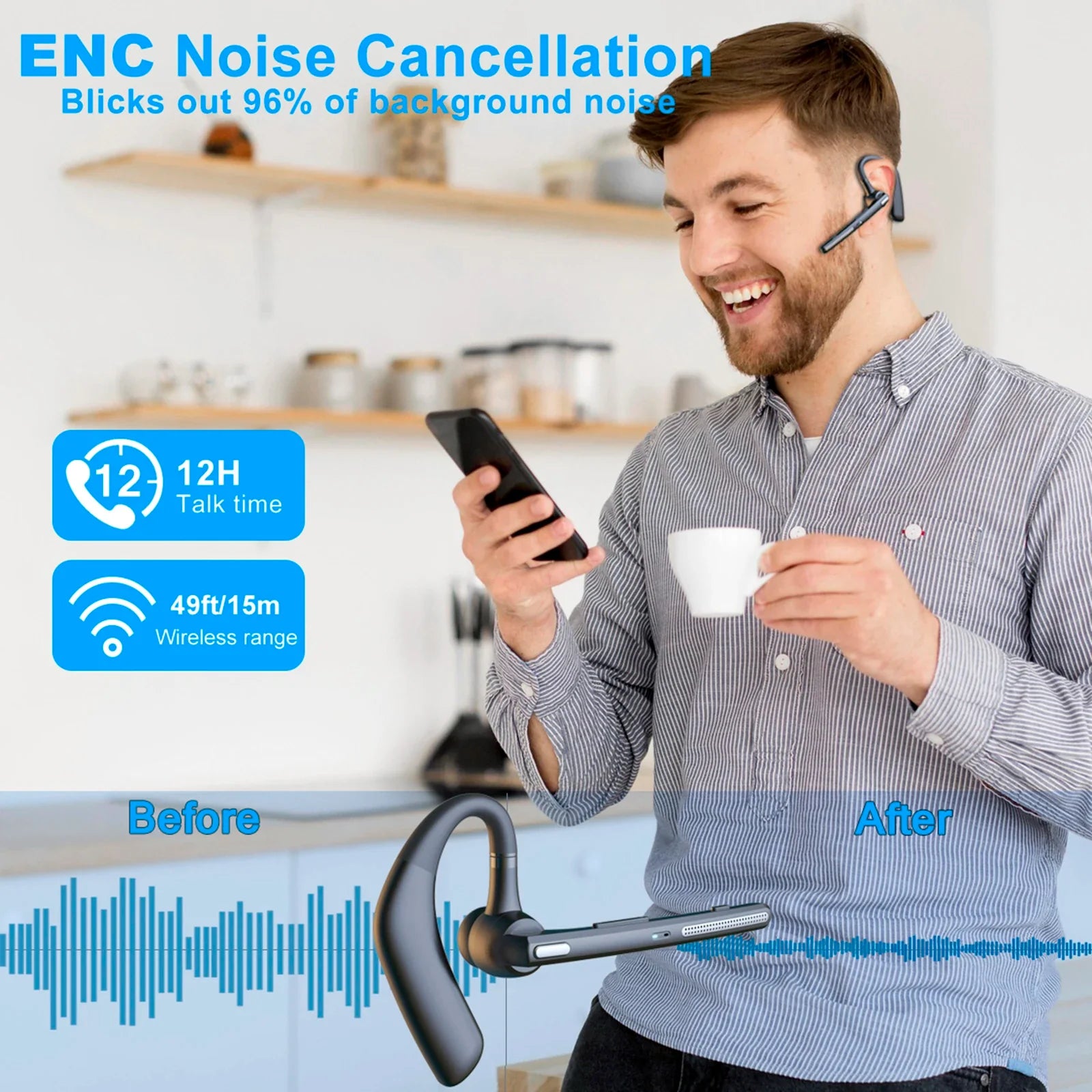 SmartConnect Bluetooth Earpiece with Dual Microphones – Noise Reduction for Effortless Calls