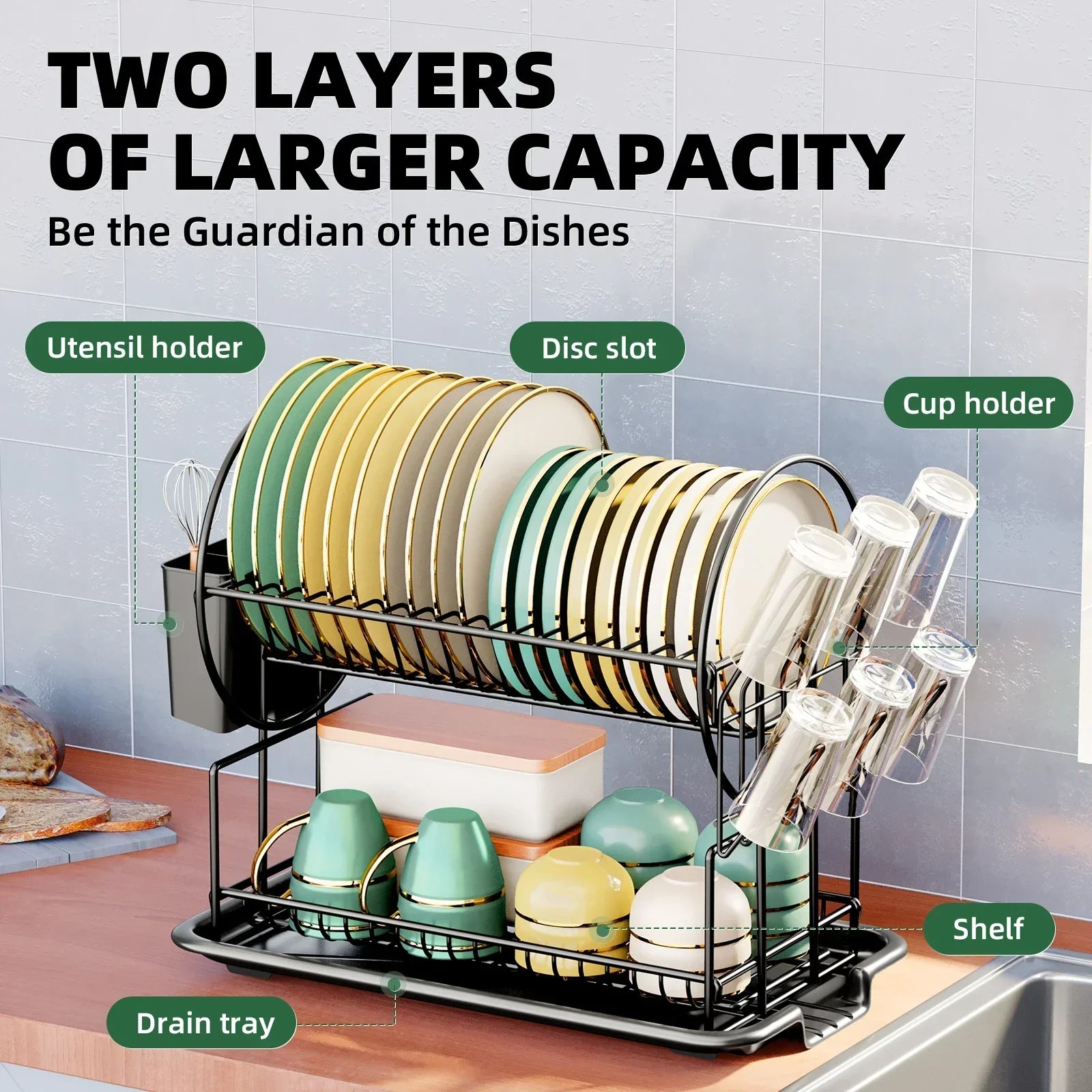 Dish Drying Rack with Drainboard, Cutlery Holder, 2-Tier Design
