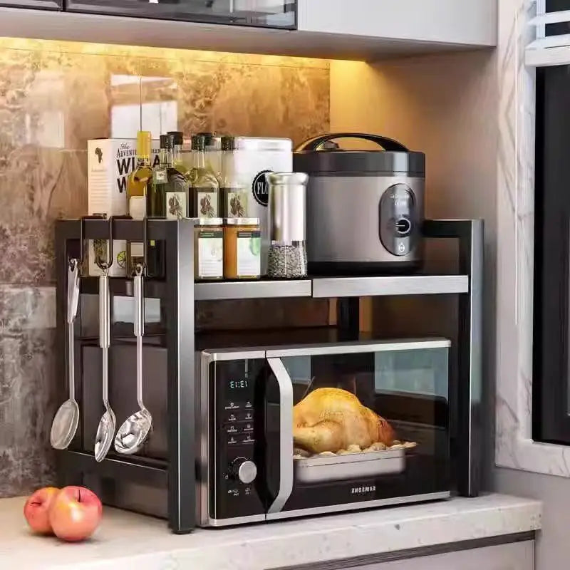Retractable Double-Layer Kitchen Shelf in Carbon Steel