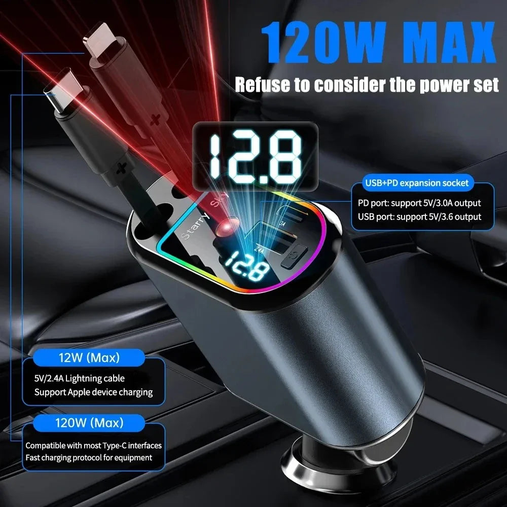 PowerPro 120W Multi-Device Car Charger with Dual Cables