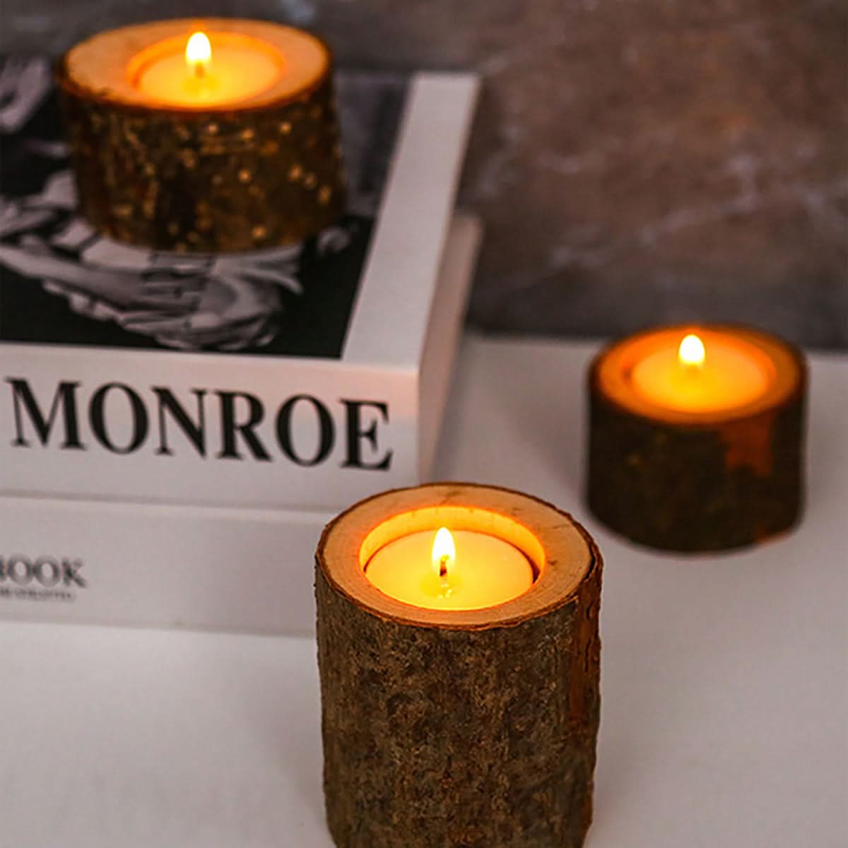 Rustic Charm - Three-Piece Wooden Tea Light Display Set