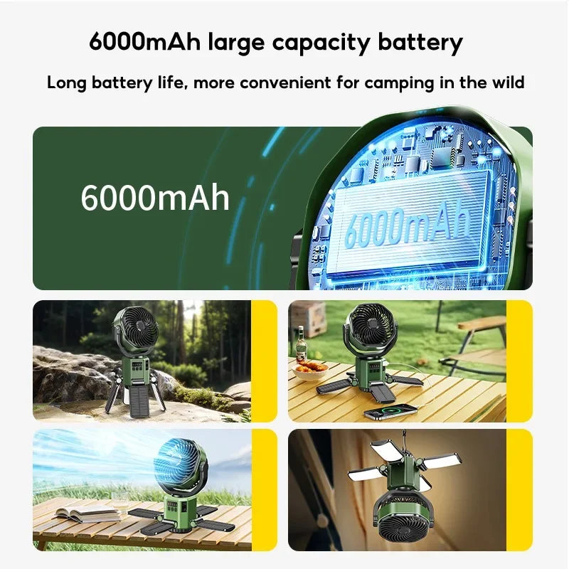 Portable Solar Fan for Camping – 6000mAh Battery, LED Light, 4 Speeds