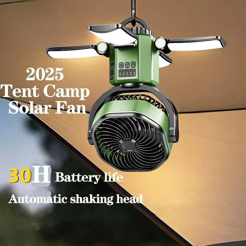 Portable Solar Fan for Camping – 6000mAh Battery, LED Light, 4 Speeds