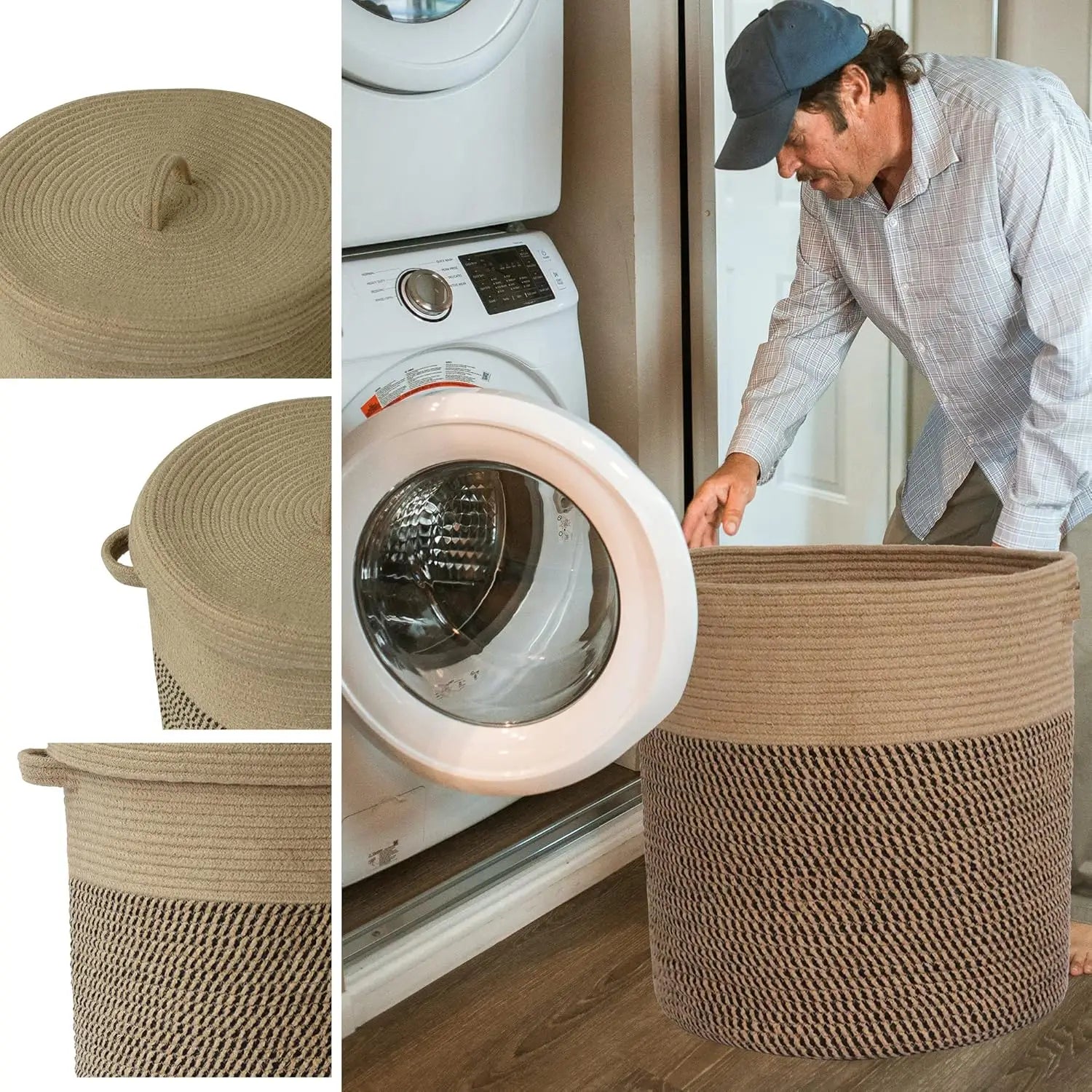 60L Storage Basket with Lid – Woven Cotton Laundry Organizer