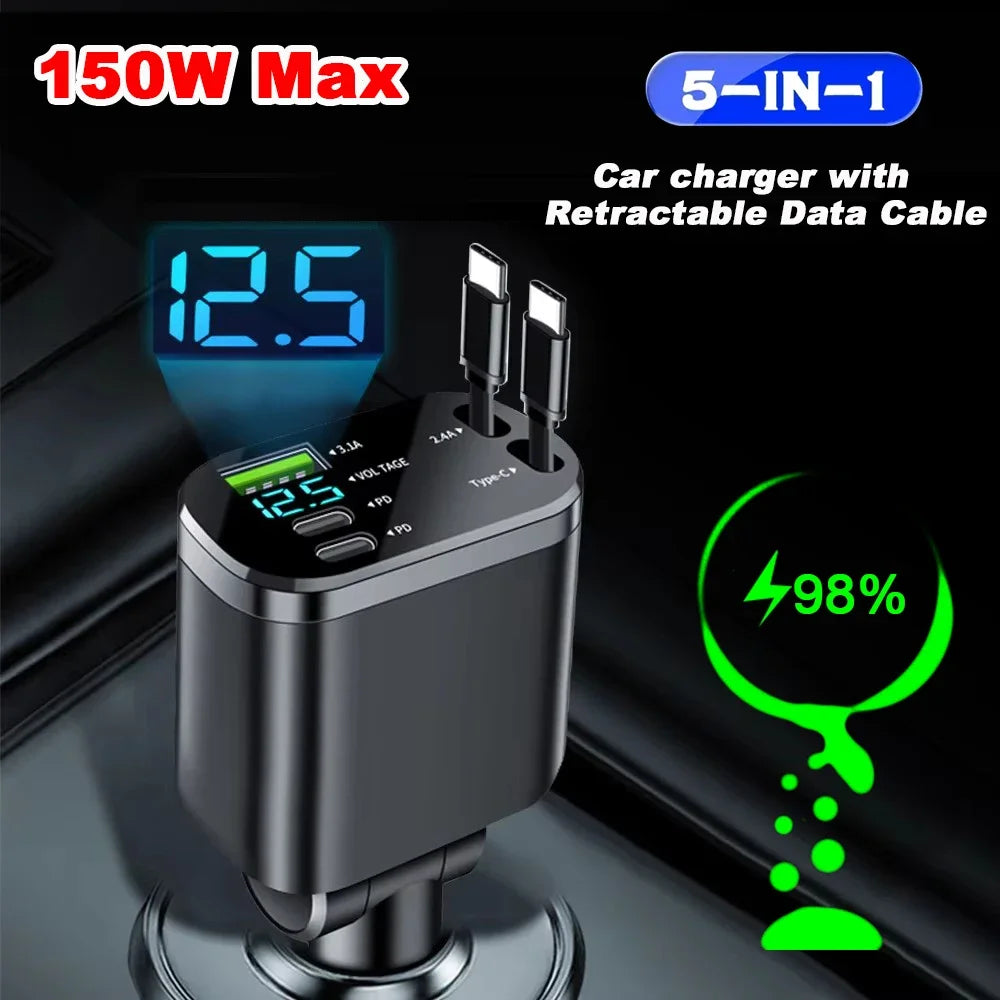 Versatile 5-in-1 Vehicle Charger with USB-C Fast Charge
