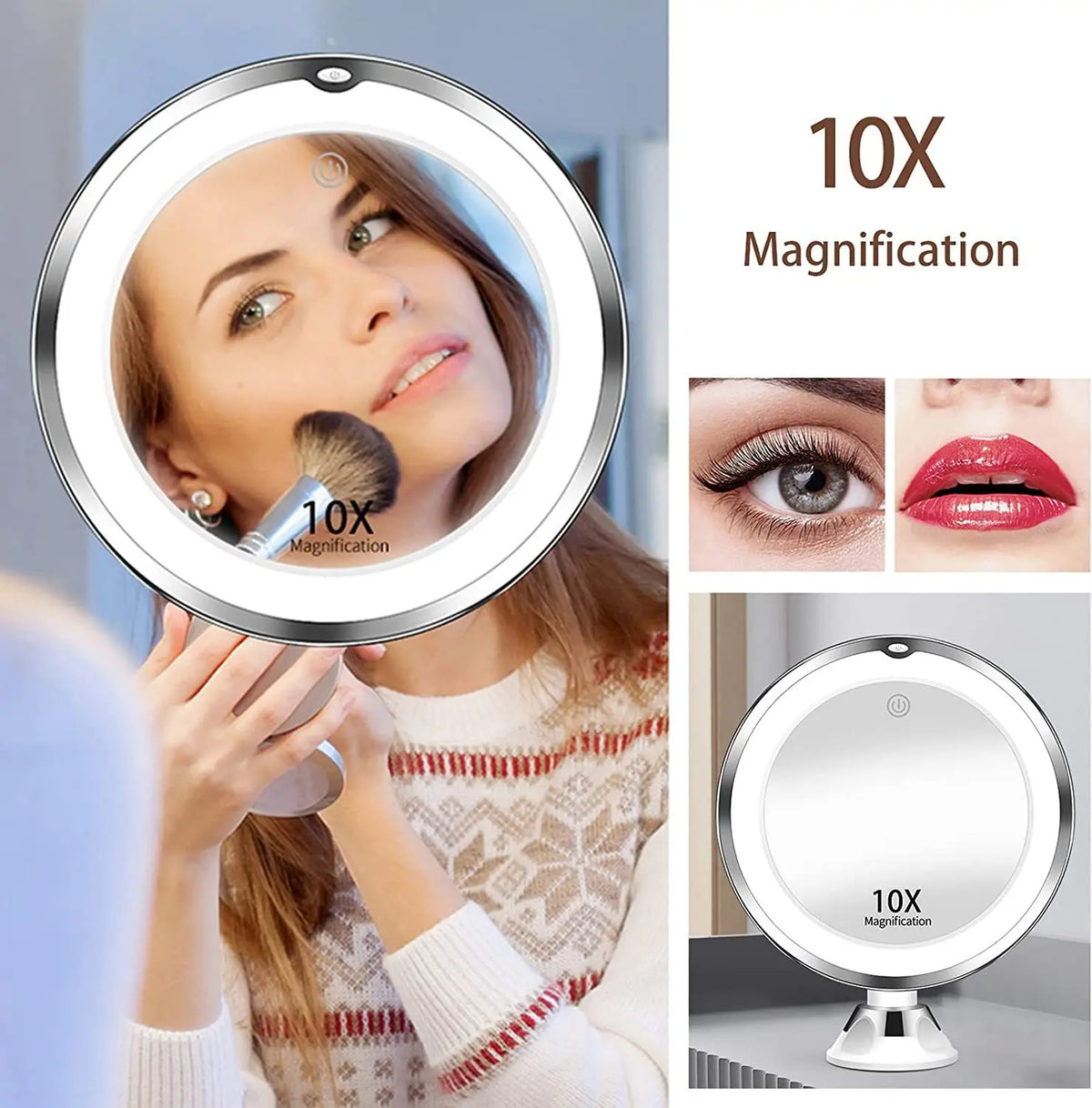LuxeView 10X Illuminated Touchscreen Makeup Mirror – Rechargeable & Adjustable Brightness