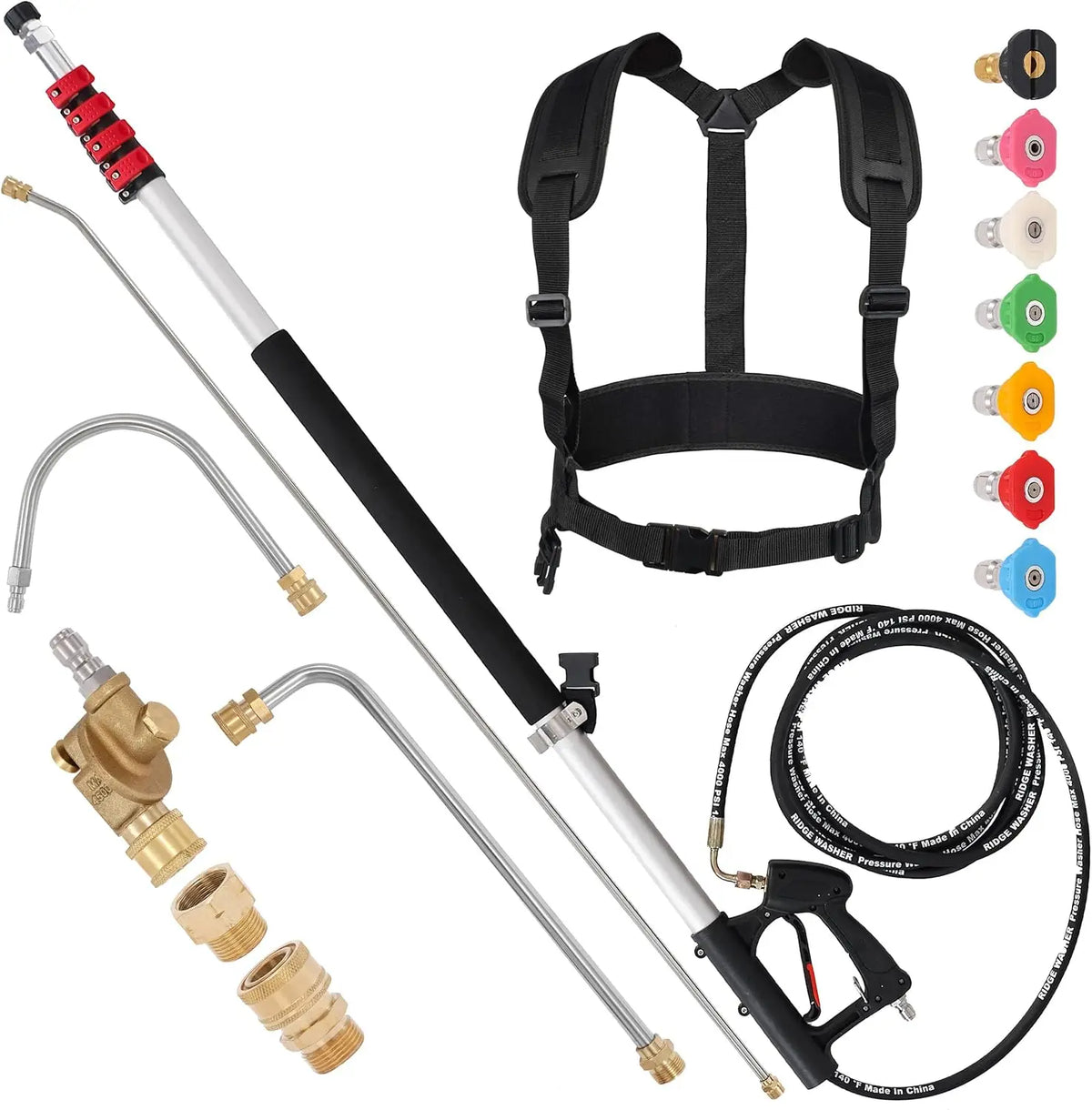 ReachMaster Pro Extension Wand for Pressure Washers – Gutter Cleaning Kit with 3 Curved Attachments & 7 Nozzle Options