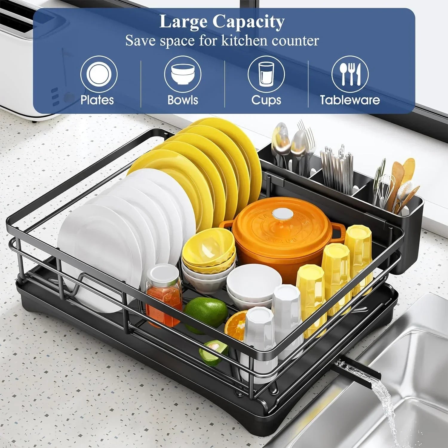Kitchen Dish Rack with Drain Tray and Spacious Utensil Holder