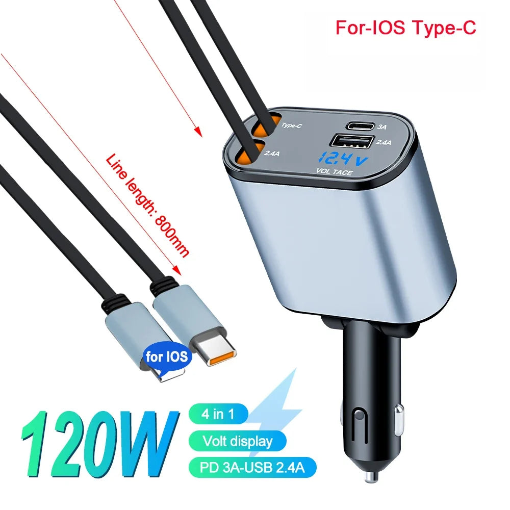 PowerPro 120W Multi-Device Car Charger with Dual Cables