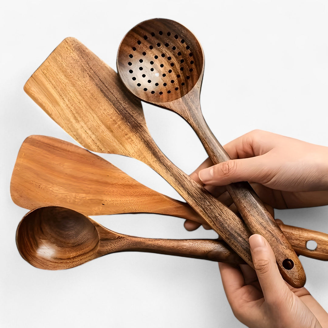 Essential Wooden Cooking Utensils – 11-Piece Set with Whisk & Holder