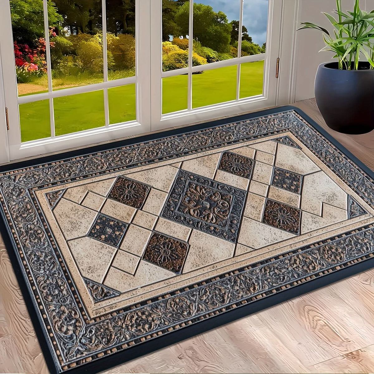 Modern Washable Geometric Border Entry Mat for Busy Homes