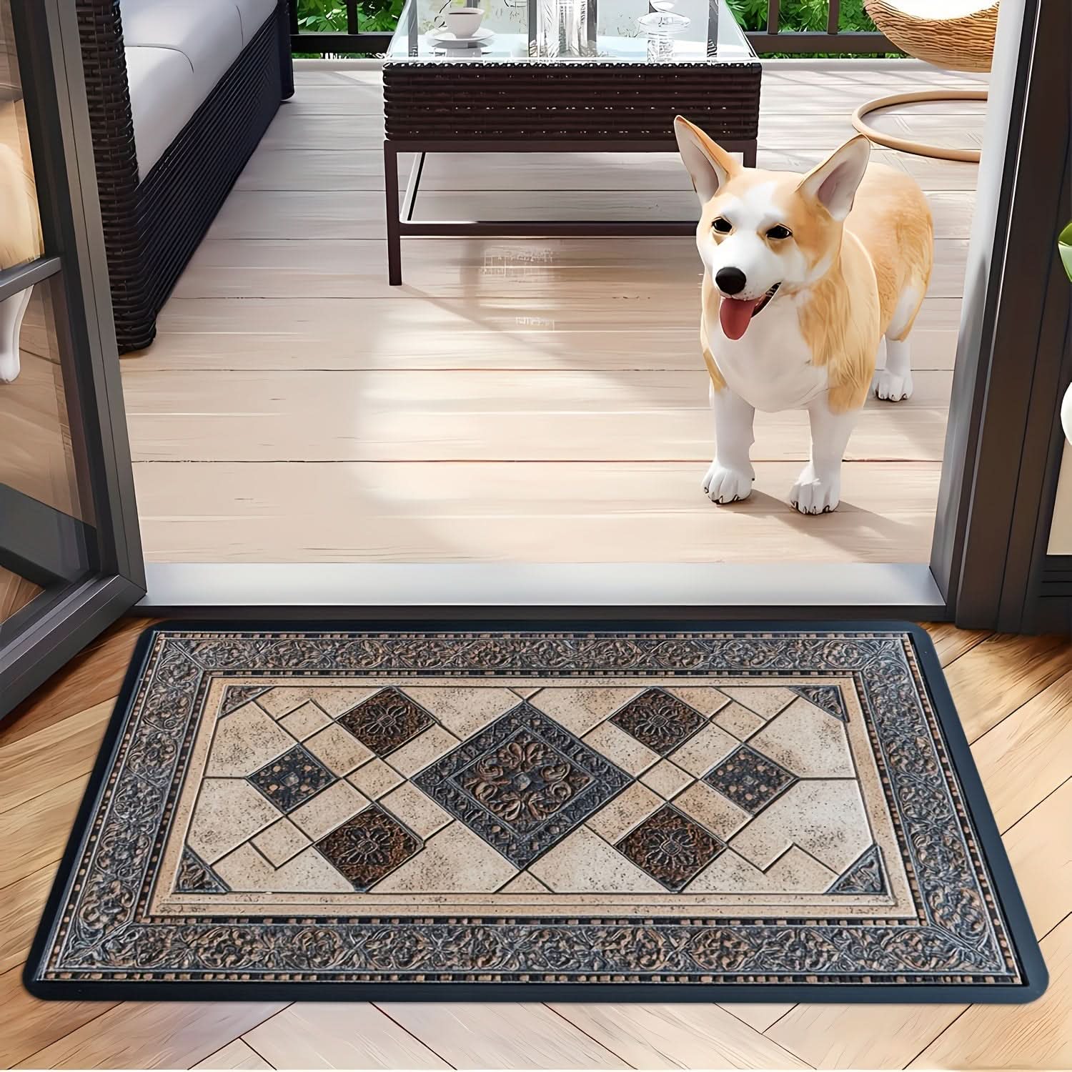 Modern Washable Geometric Border Entry Mat for Busy Homes