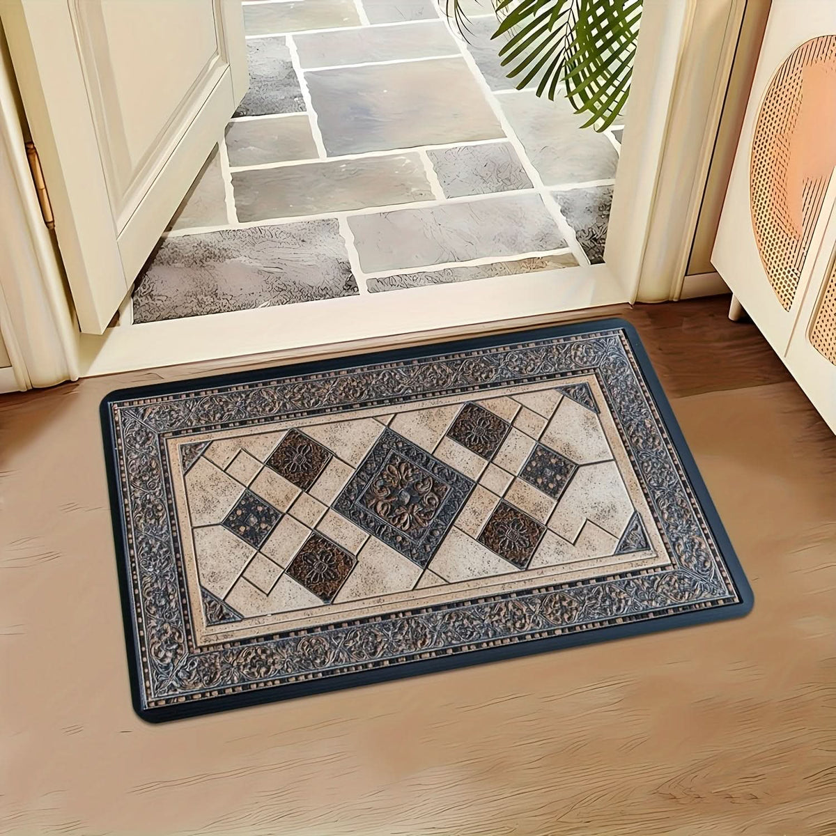 Modern Washable Geometric Border Entry Mat for Busy Homes