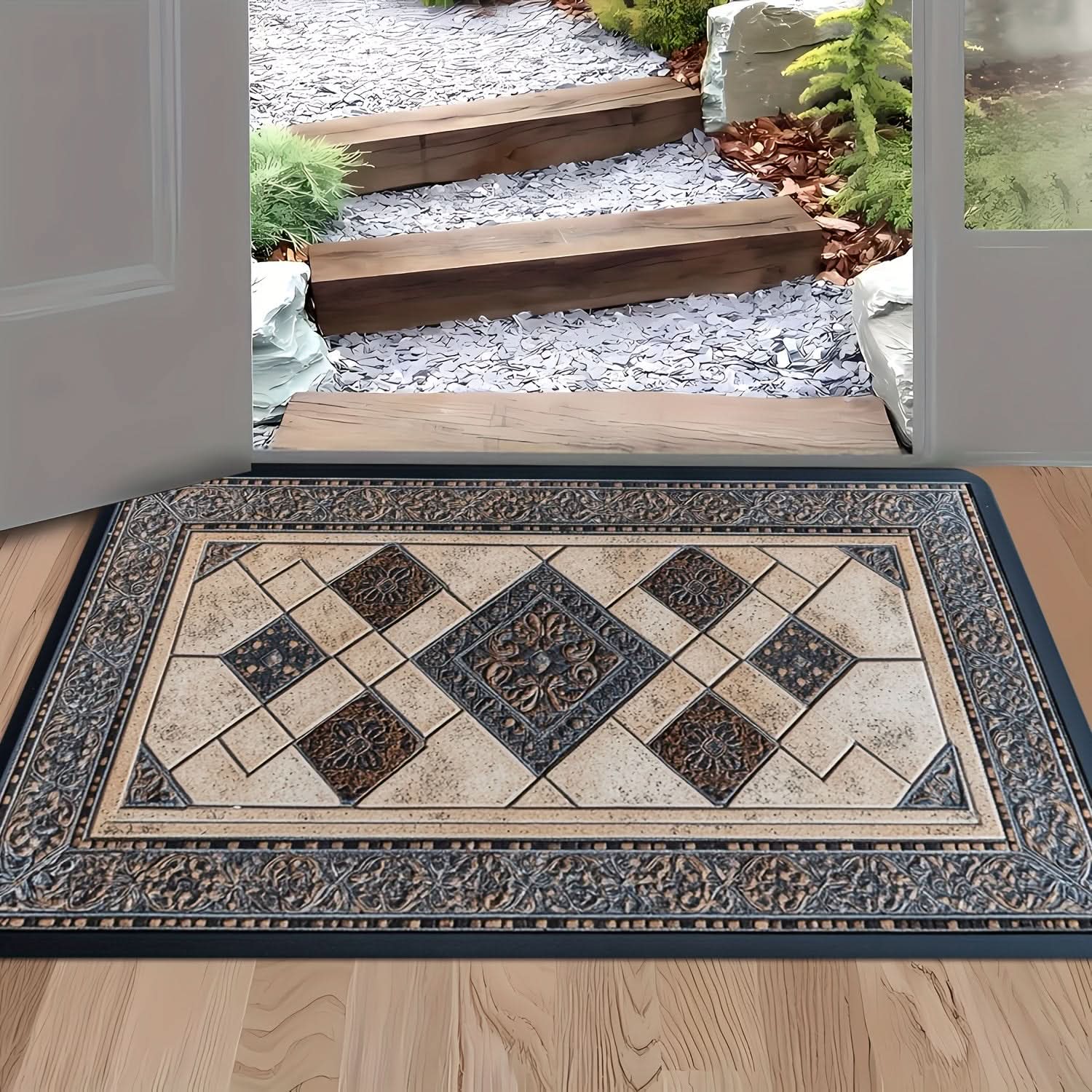 Modern Washable Geometric Border Entry Mat for Busy Homes